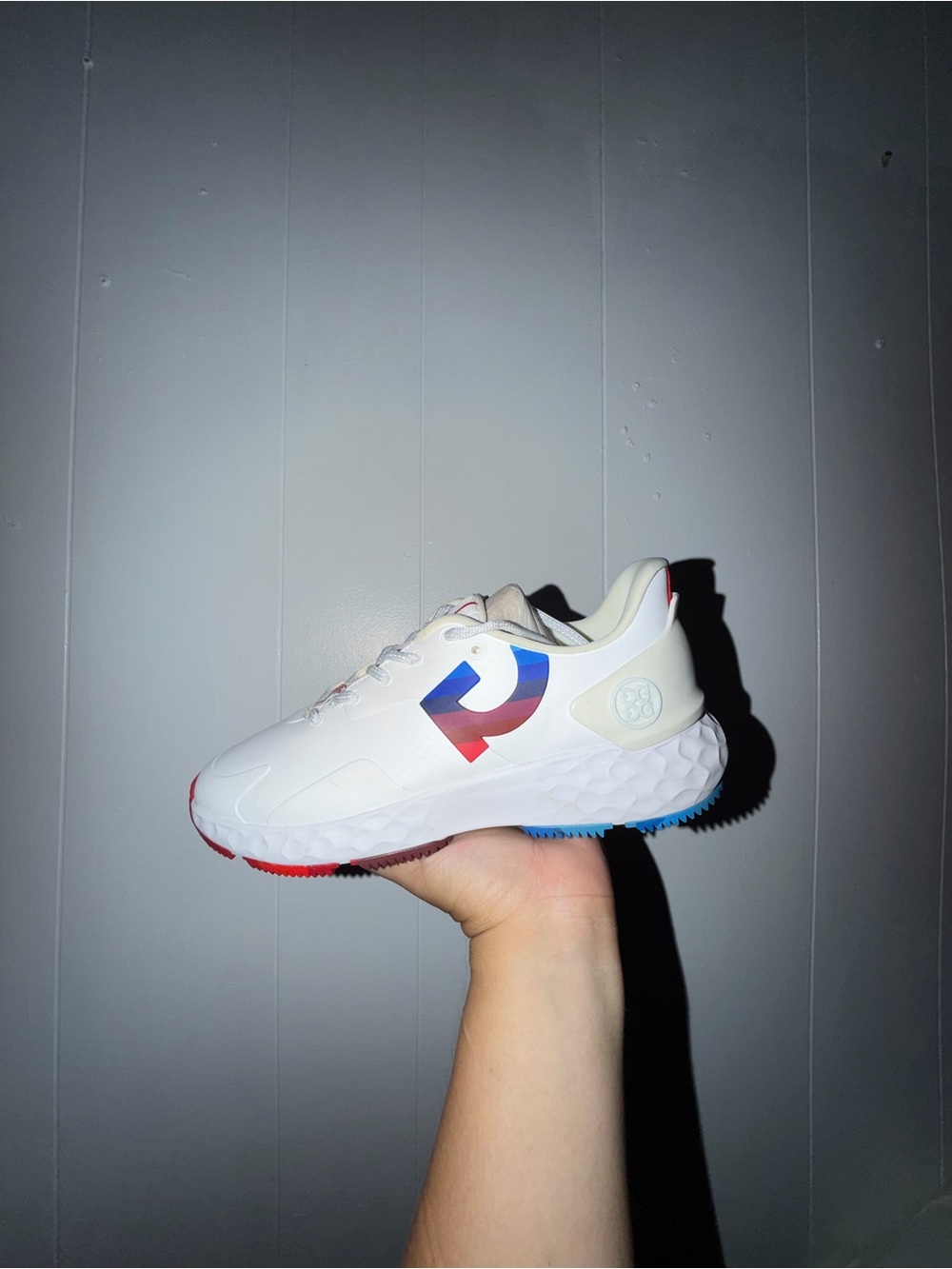 Men G/FORE White Sneakers with Red & Blue Logo Accents Size 8.5